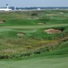 A view of green #3 protected by bunkers at Prairie Landing